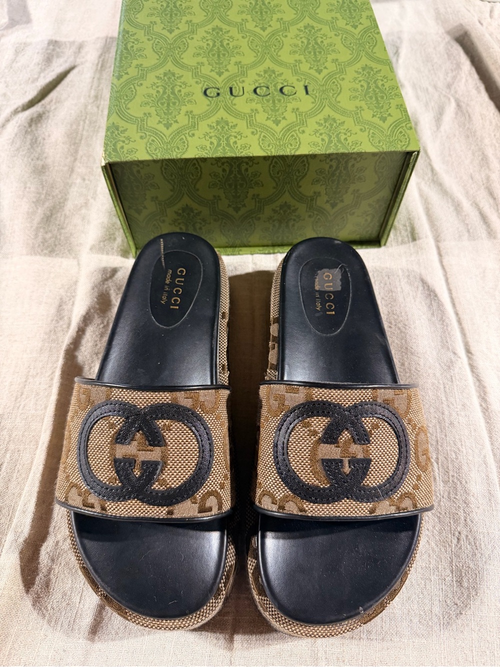 Gucci Brown GG Canvas Slide Mules with Black Footbed